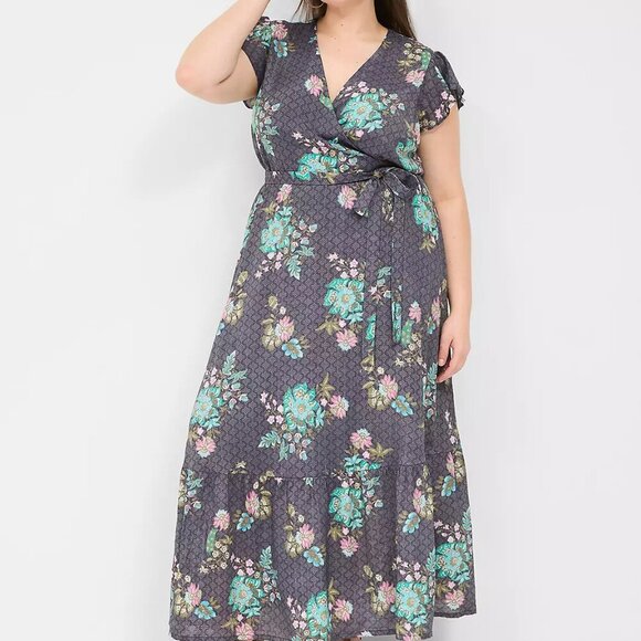 Lane Bryant Dress Women's 18 Flutter Sleeve Surplice Neck Maxi Gray Floral - Picture 8 of 8